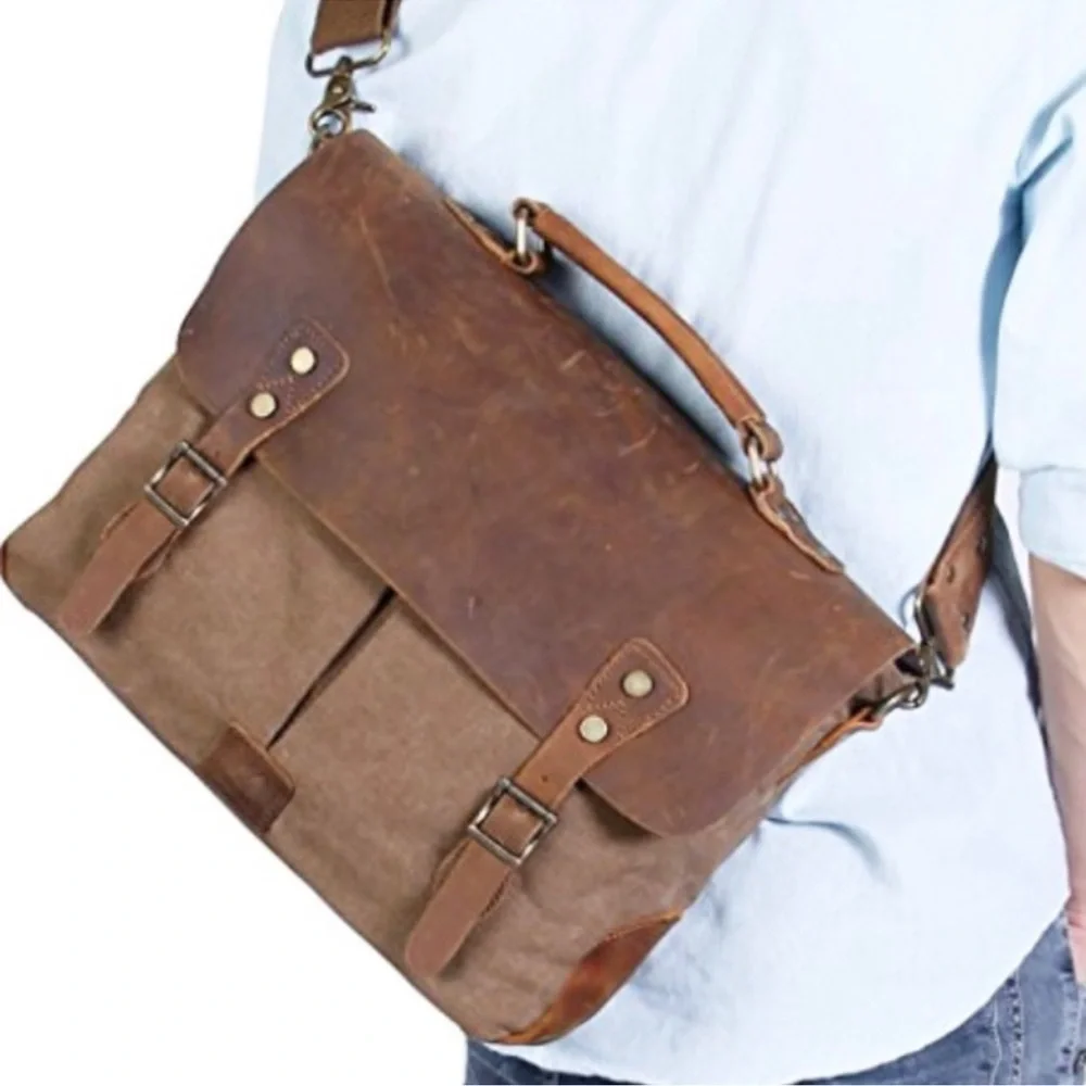 Lifewit Vintage Brown Leather and Canvas Messenger Bag